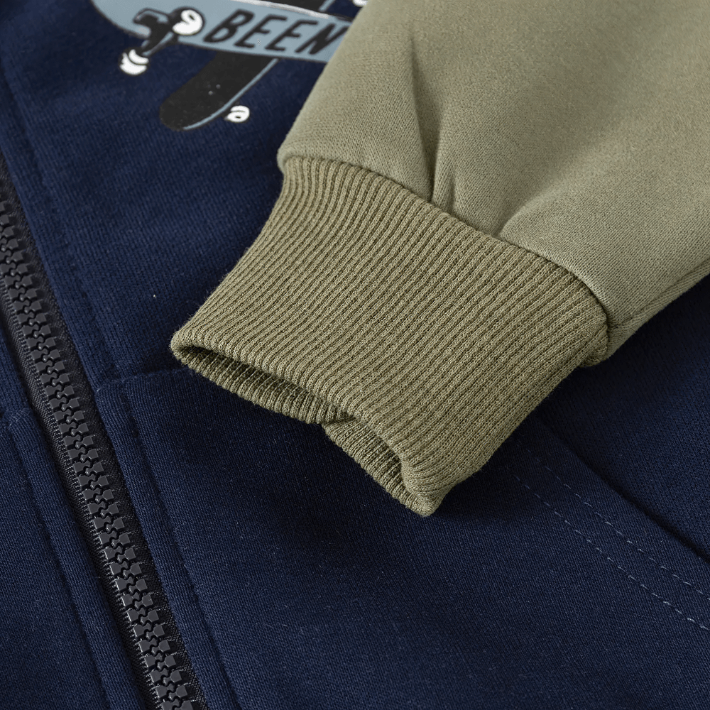 Close-up of Colorblock Hoodie with Plane Graphic and Zipper - SF3659 in navy and gray, showing ribbed cuffs and zipper detail.