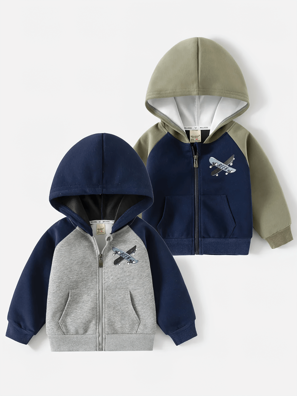Colorblock Hoodie with Plane Graphic and Zipper - SF3659 in gray and navy, kids' trendy zip-up with cozy fabric and fun airplane design.