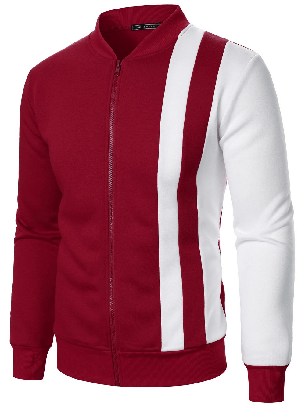 Colorblock Zip Up Bomber Jacket with Stripes - SF4685 featuring a bold red and white design with a stand collar.