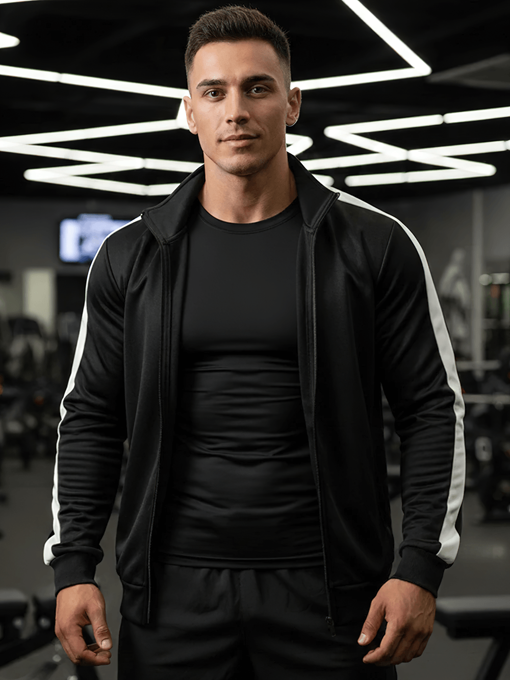 Colorblock Zip-Up Sport Jacket with Kanga Pocket - SF4642 worn by a fit model in a gym setting.