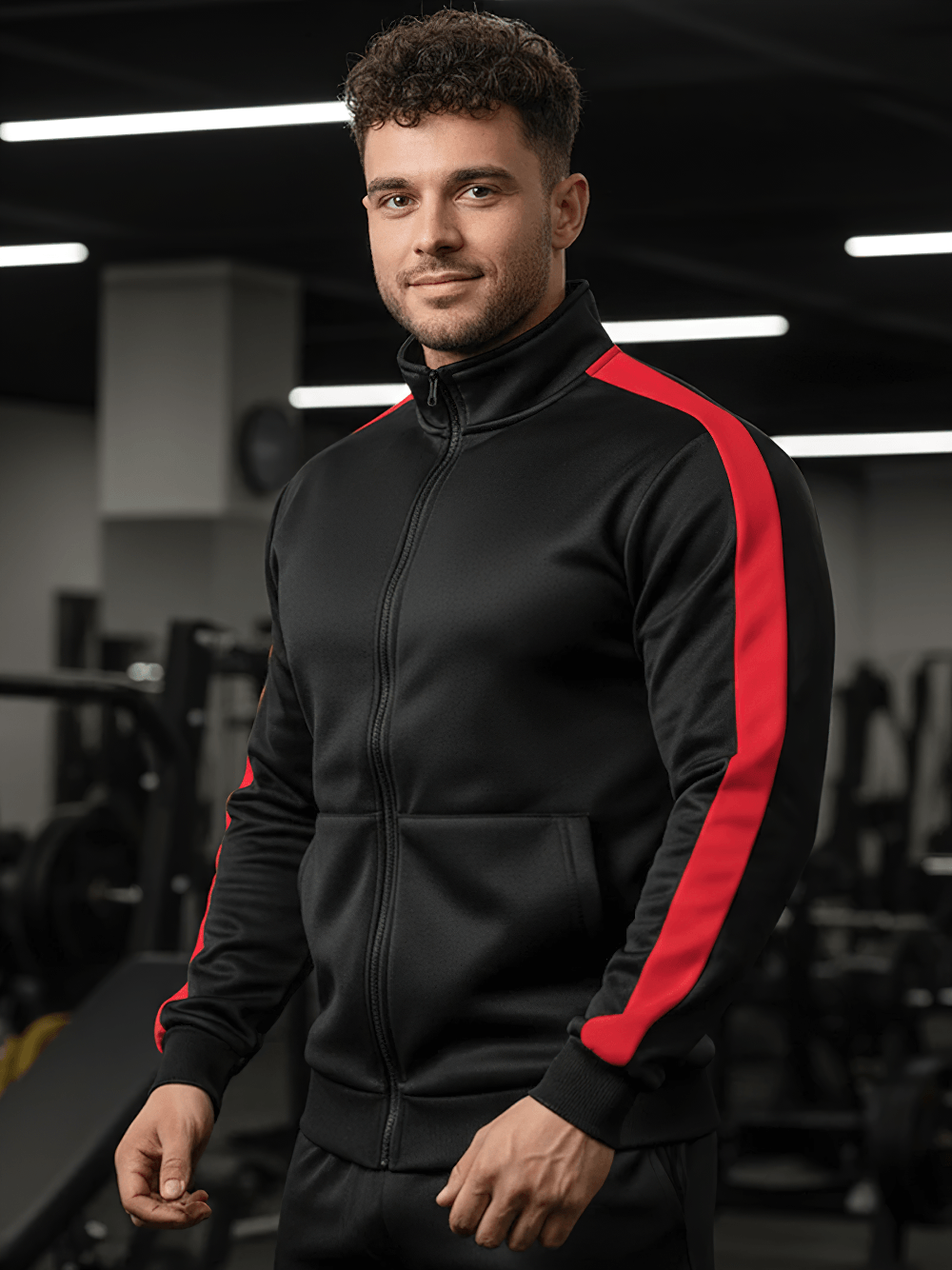 Colorblock Zip-Up Sport Jacket with Kanga Pocket - SF4642 worn by a man in a gym setting.