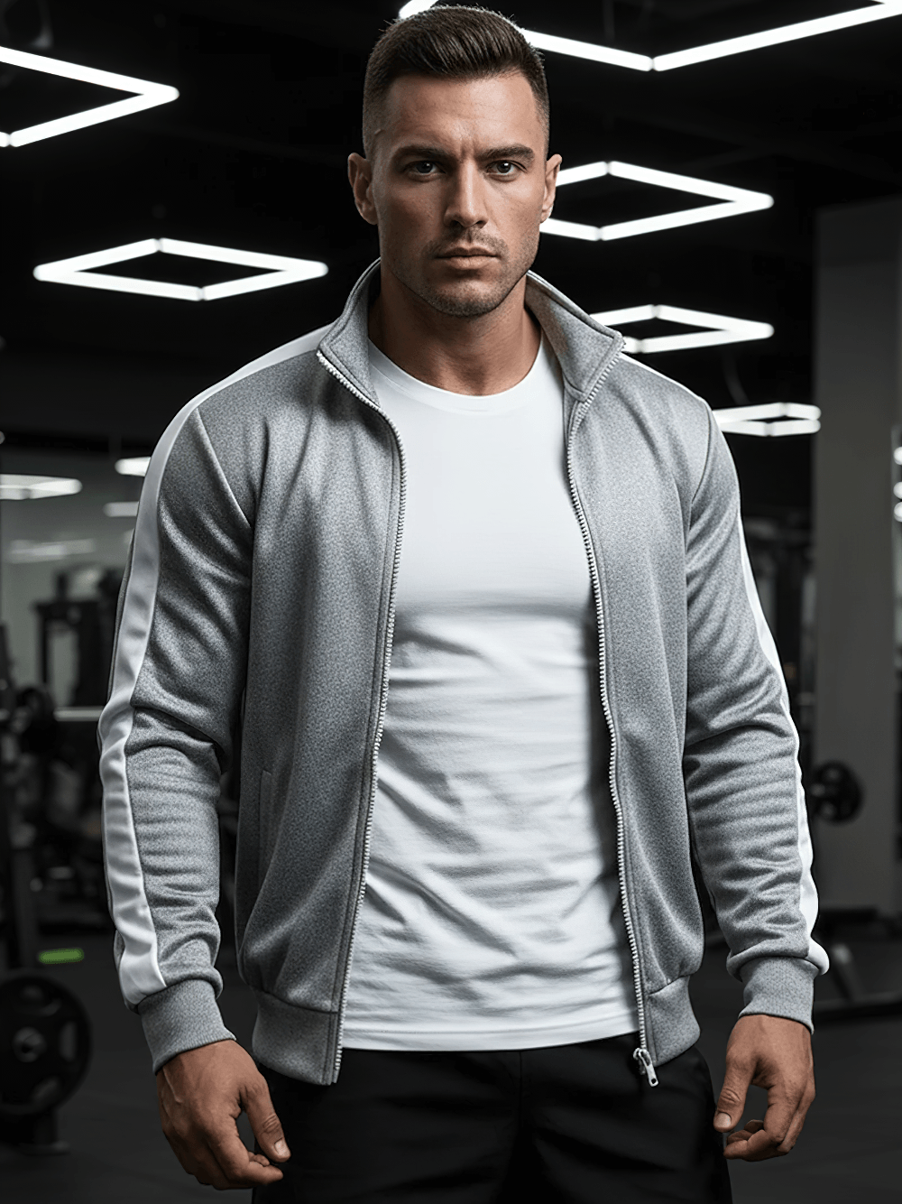 Colorblock Zip-Up Sport Jacket with Kanga Pocket - SF4642 worn by a man in a gym setting.