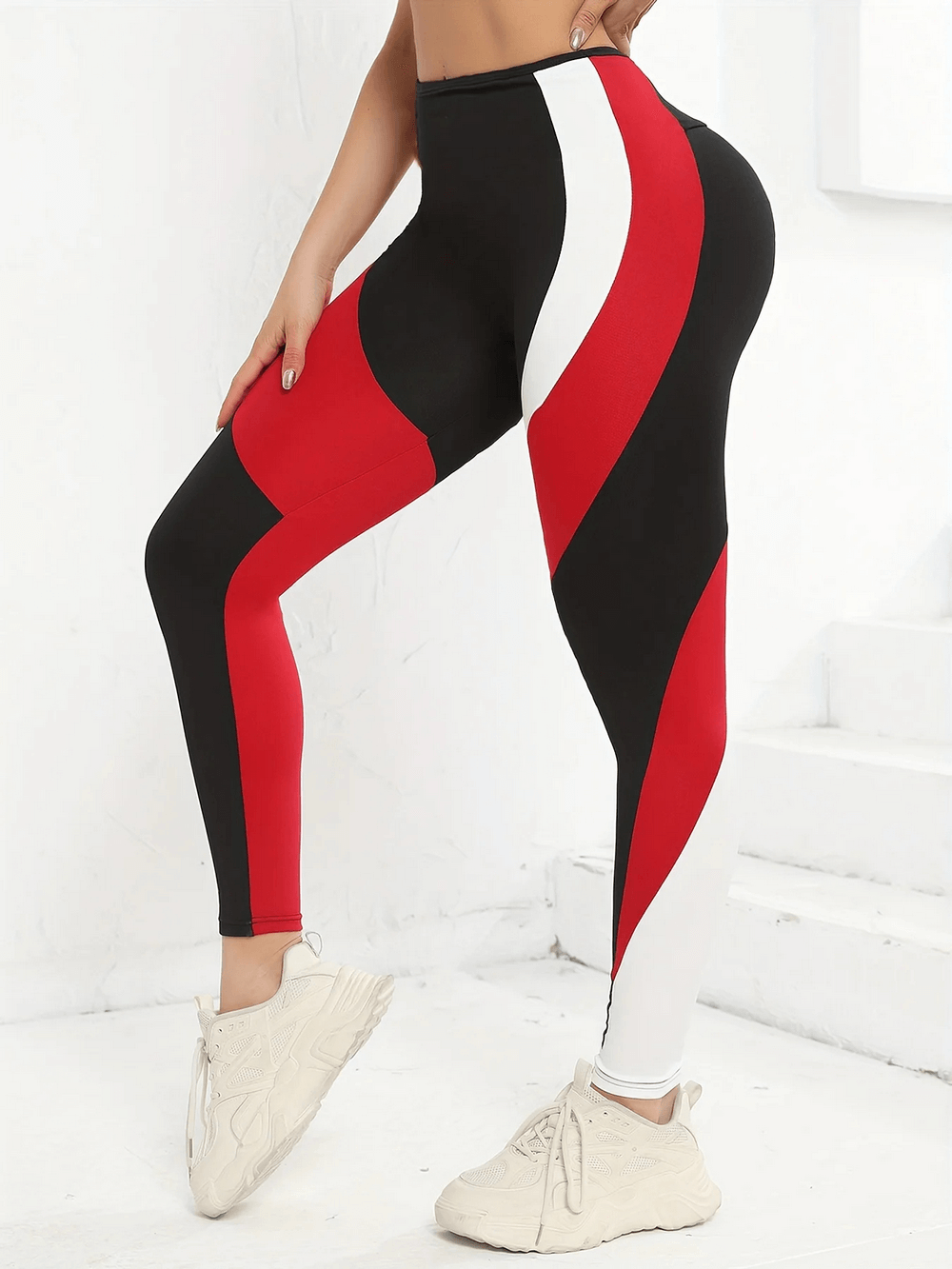 Colorblocked High-Waist Yoga Leggings for Women - SF4053 showcasing bold black, red, and white panels with tummy tuck fit.