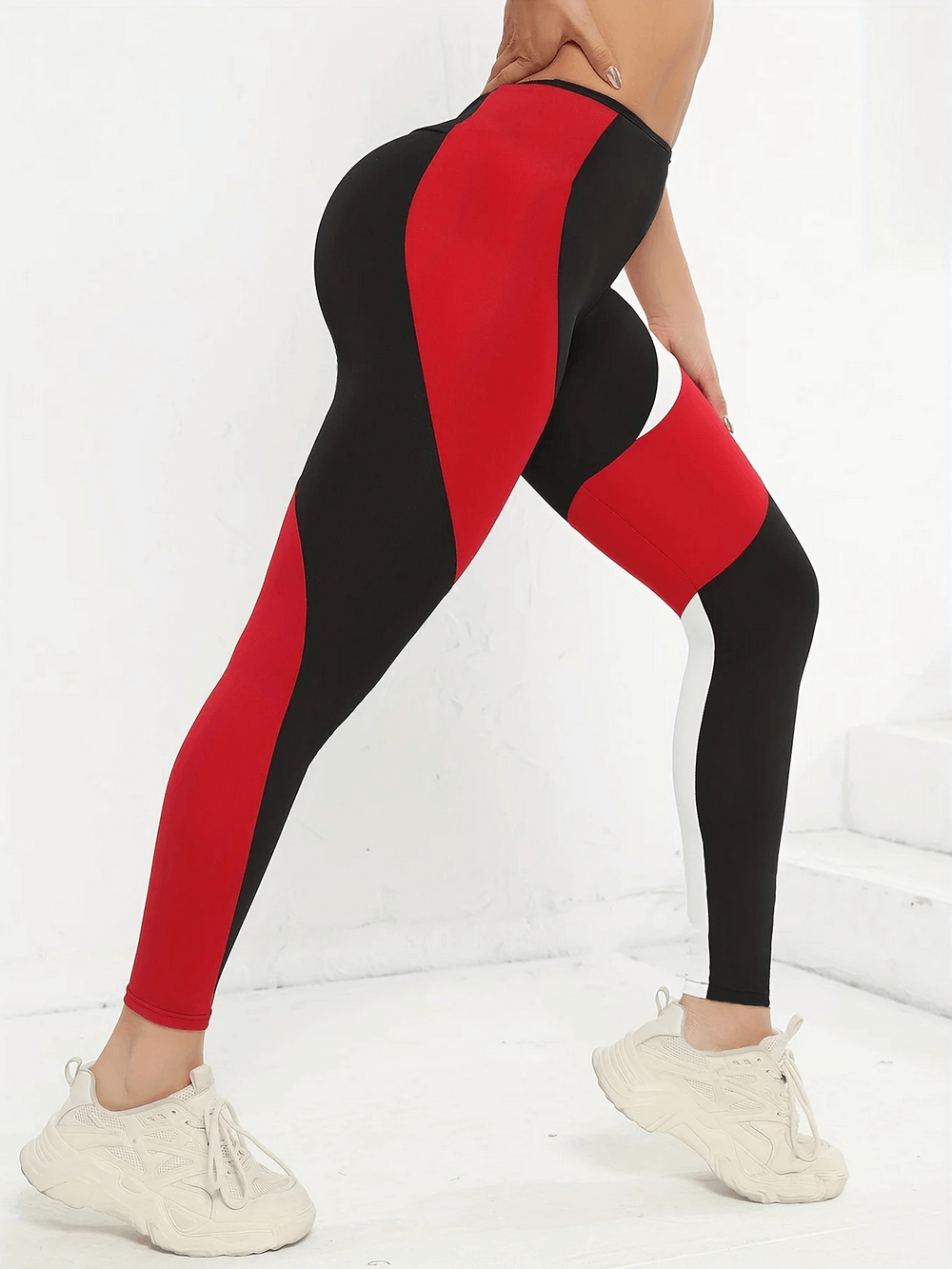 Colorblocked High-Waist Yoga Leggings for Women - SF4053 with bold black, red, and white panels, showcasing a tummy tuck fit.