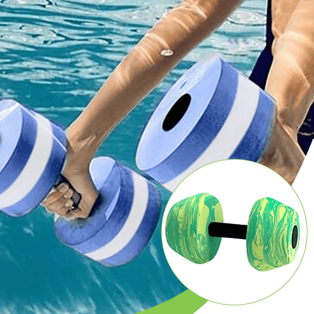 Person using colorful aqua dumbbells in a pool for water aerobics training, featuring lightweight design for effective aquatic workouts.