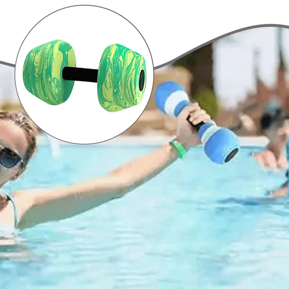 Woman using a colorful aqua dumbbell in a pool for water aerobics and resistance training.