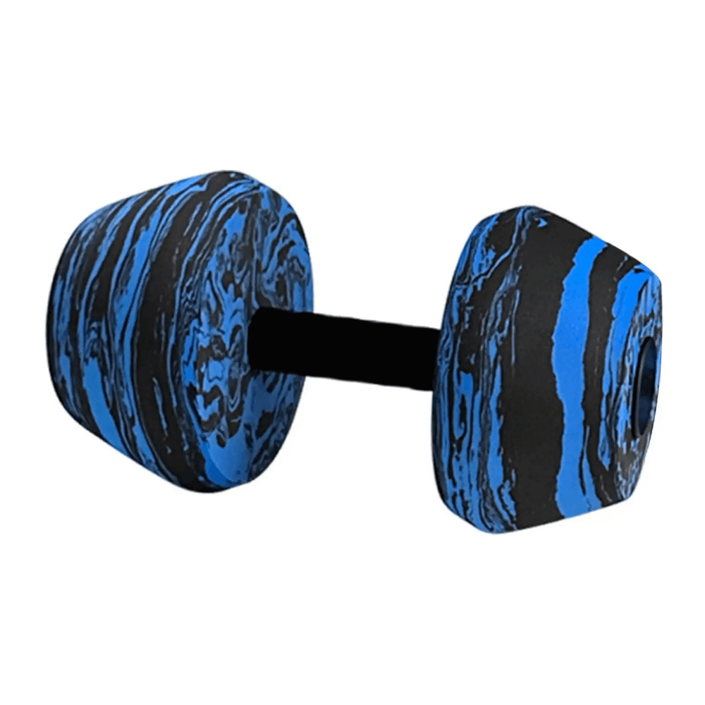 Colorful aqua foam dumbbell for water aerobics and pool workouts, featuring a vibrant blue and black design for resistance training.