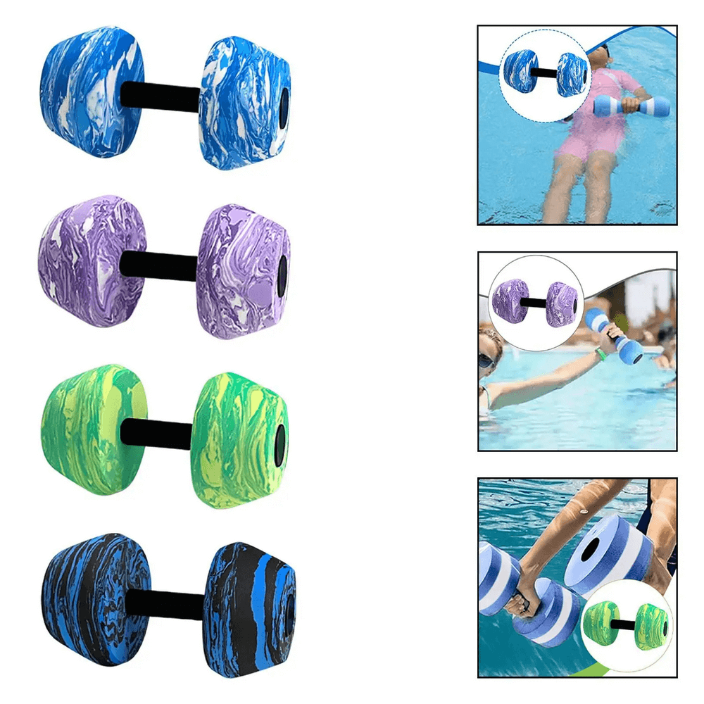 Colorful foam aqua dumbbells for water aerobics, perfect for pool workouts and muscle toning. Lightweight and buoyant for effective training.