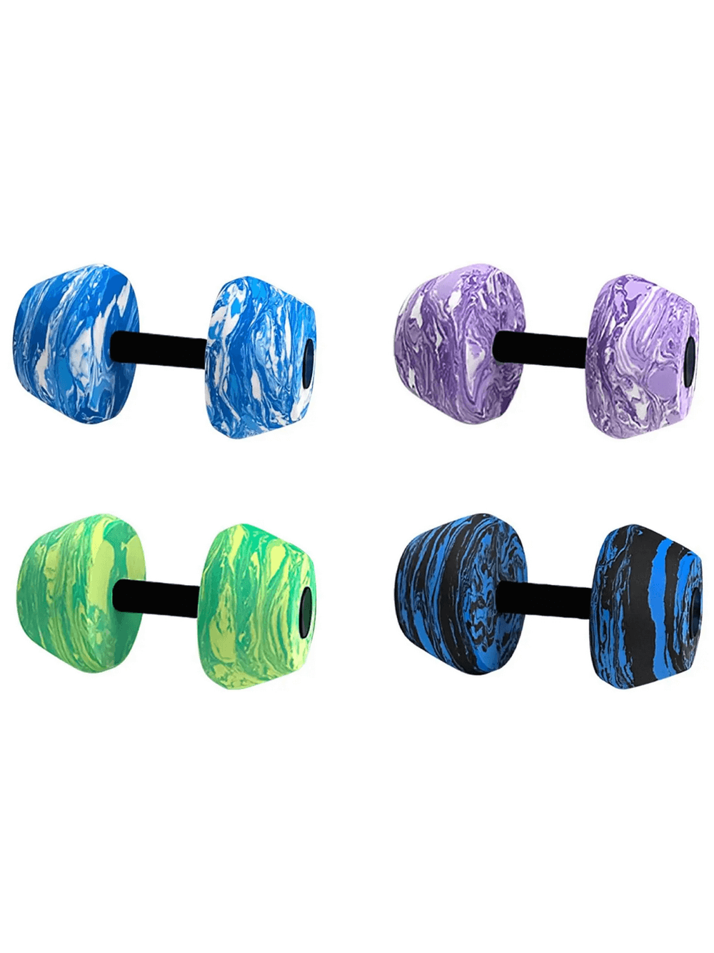 Colorful aqua foam dumbbells for water aerobics and pool workouts with blue, purple, green, and black designs, model SF3346.