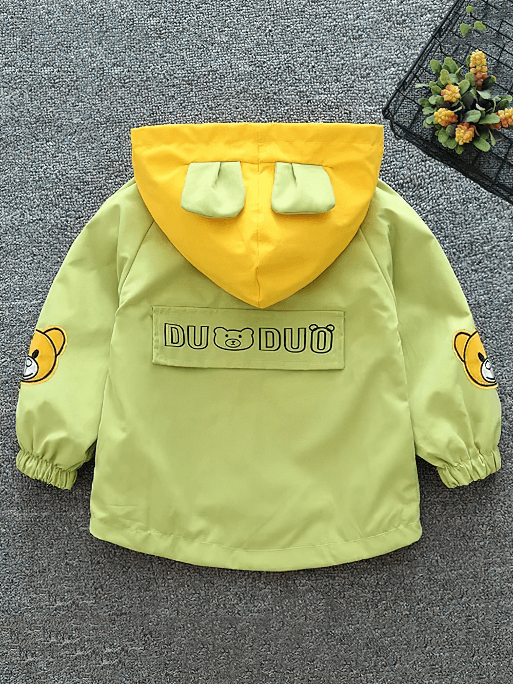 Colorful Bear Zipper Windbreaker with Hood - SF3562 featuring vibrant bear prints and yellow hood, perfect for kids' outdoor adventures.