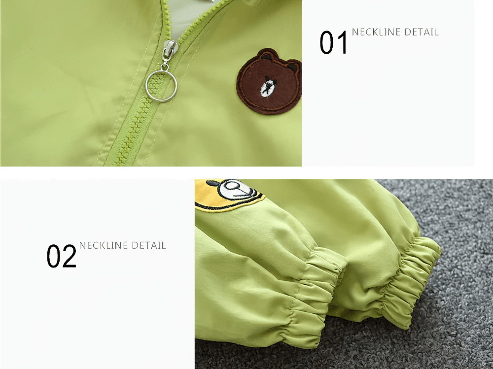 Colorful Bear Zipper Windbreaker with Hood - SF3562 showcasing zipper and bear patch details