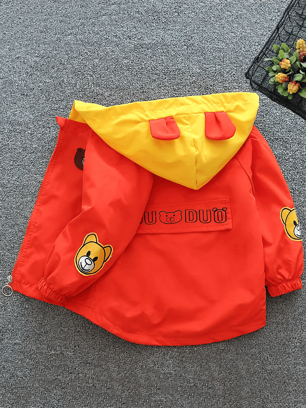 Colorful Bear Zipper Windbreaker with Hood - SF3562 featuring playful bear prints and a bright yellow hood for kids.