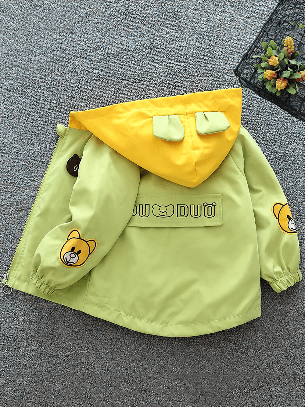 Colorful Bear Zipper Windbreaker with Hood - SF3562 featuring cute bear print and color block design for kids.