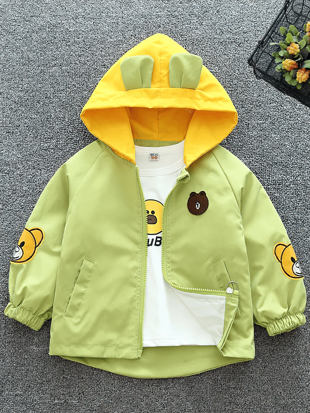 Colorful Bear Zipper Windbreaker with Hood - SF3562, featuring cute bear print and yellow hood, perfect for kids' playful adventures.