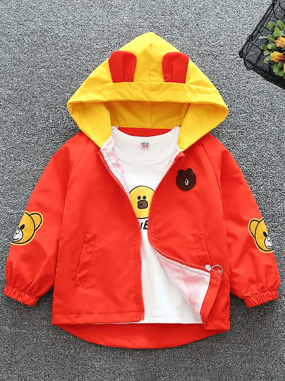 Vibrant Colorful Bear Zipper Windbreaker with Hood - SF3562 featuring bear prints, yellow hood, and elastic cuffs for kids.