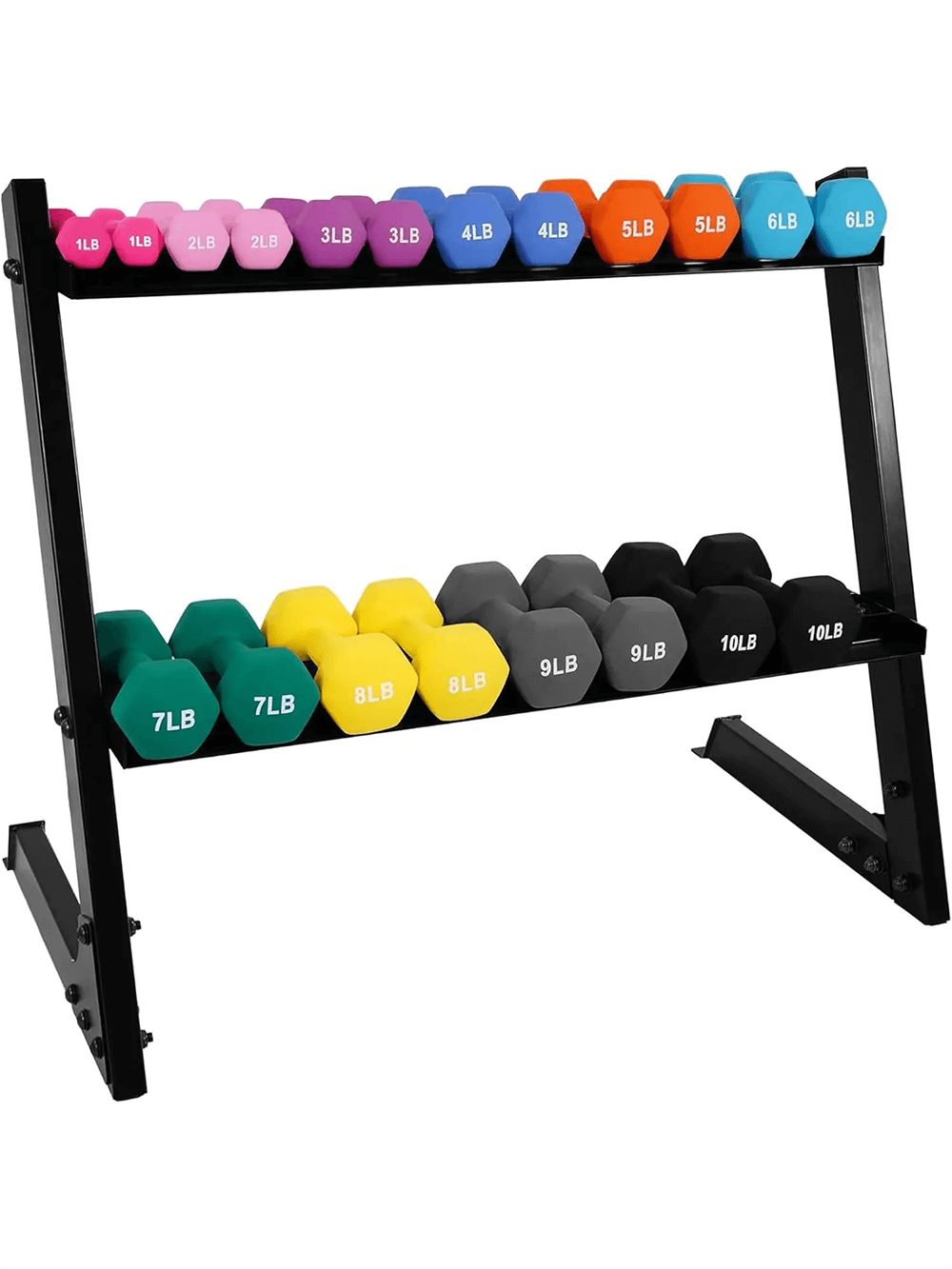 Colorful Dumbbell Set with Rack, perfect for home gyms, featuring a variety of weights, model SF3386, on a sturdy black stand.