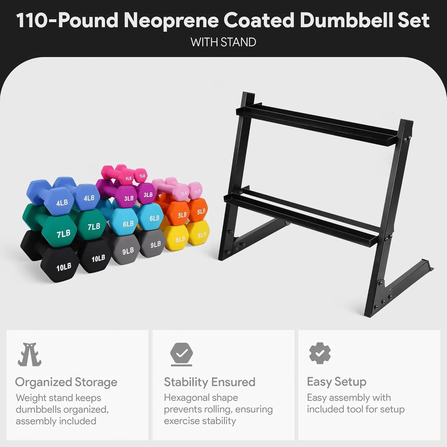 Colorful neoprene dumbbell set with rack for home gym, organized storage, stability, and easy setup for effective workouts.