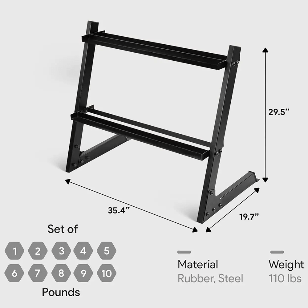 Black dumbbell rack with dimensions for home gym, holds sets from 2 to 10 pounds, made of durable rubber and steel, with 110 lbs weight.