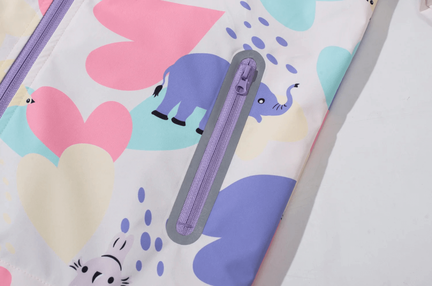 Colorful Elephant Print Waterproof Zip Jacket - SF3596 with vibrant elephant designs, waterproof material, and a durable zip closure for kids.