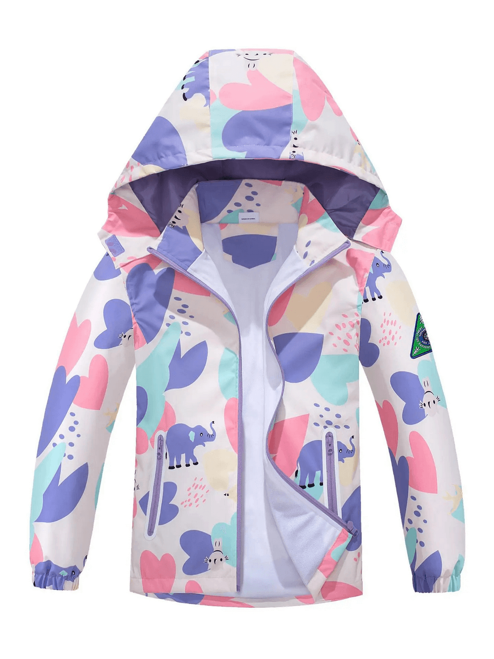 Colorful Elephant Print Waterproof Zip Jacket - SF3596 for kids with detachable hood and vibrant design