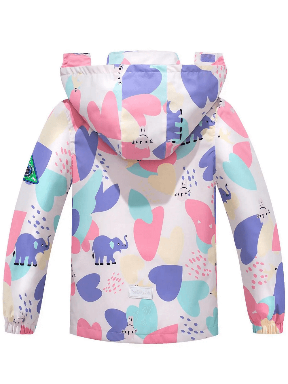 Colorful Elephant Print Waterproof Zip Jacket - SF3596 for kids, featuring a vibrant detachable hood and waterproof material.