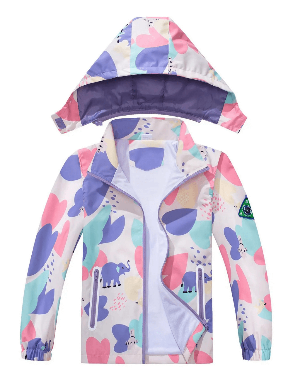 Colorful Elephant Print Waterproof Zip Jacket - SF3596 with detachable hood for kids, featuring vibrant elephants and waterproof fabric.