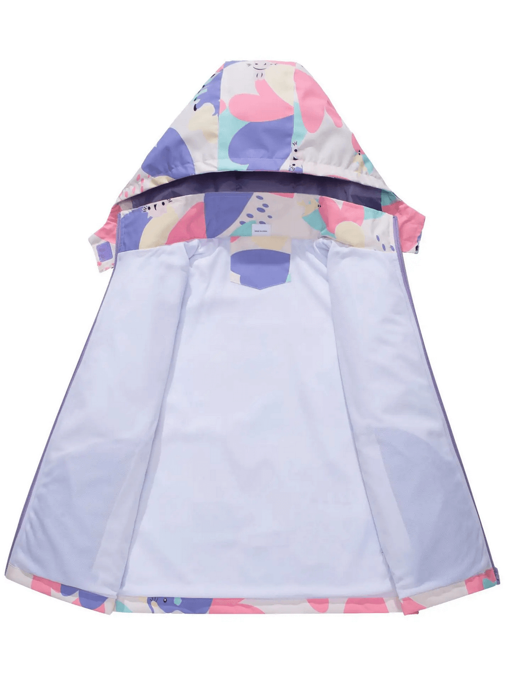Colorful Elephant Print Waterproof Zip Jacket - SF3596 with detachable hood and breathable fabric, kids' rain protection back view.
