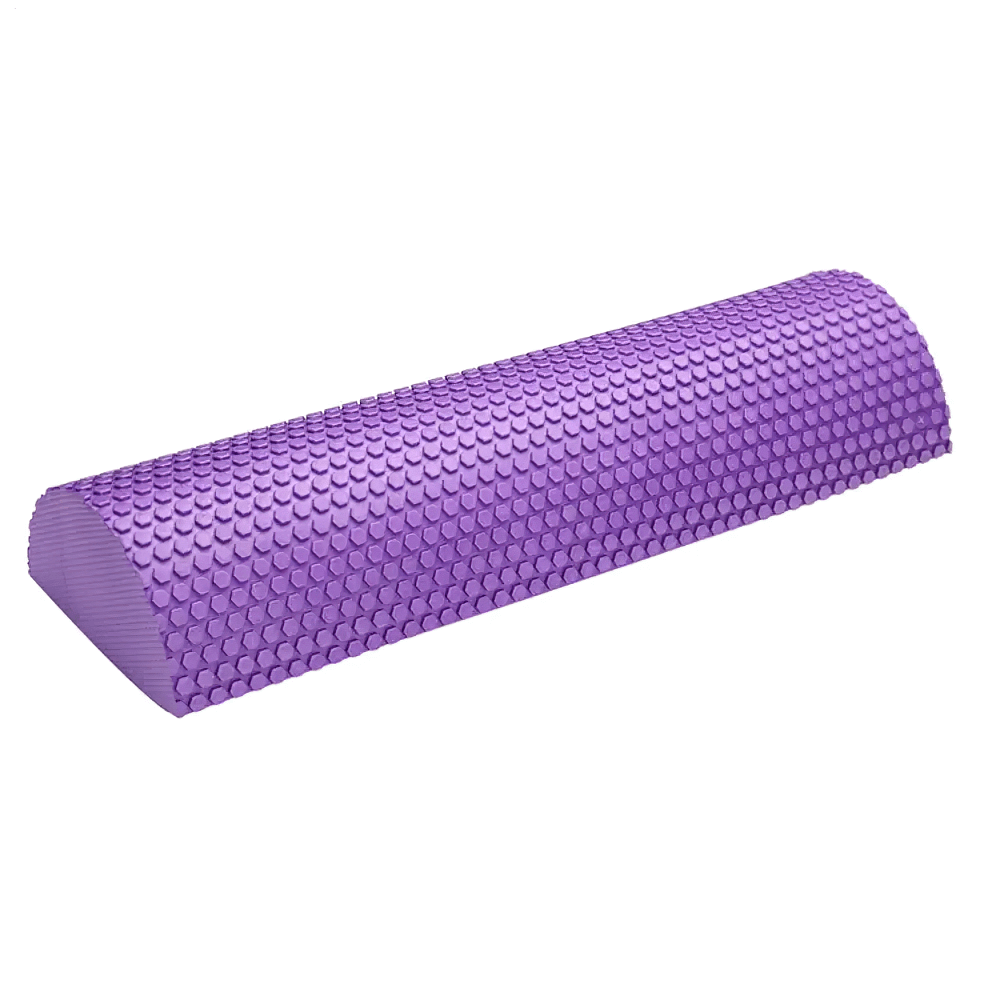 Purple EVA half-foam roller with anti-slip texture for yoga and pilates, enhancing balance and core strength. Lightweight and durable.