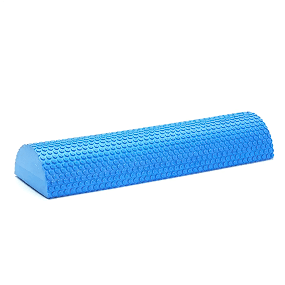 Blue EVA half foam roller with anti-slip texture for yoga, balance, and core. Lightweight and durable, perfect for stretching and massage.