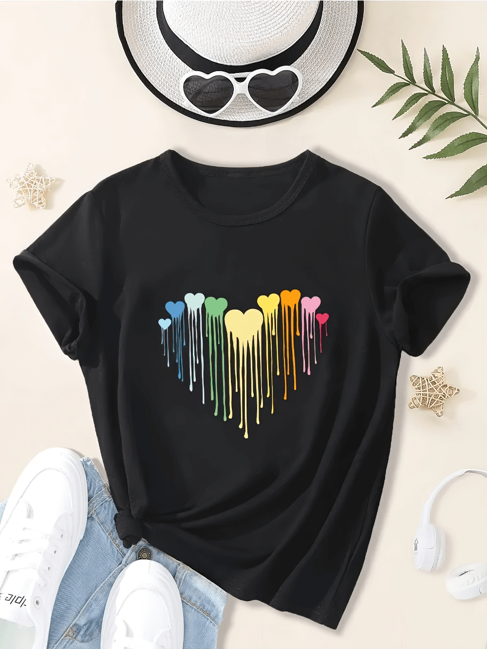 Colorful Heart Drip Graphic T-shirt for Girls - SF3592 with rainbow heart design, laid out with accessories like a hat and sunglasses.
