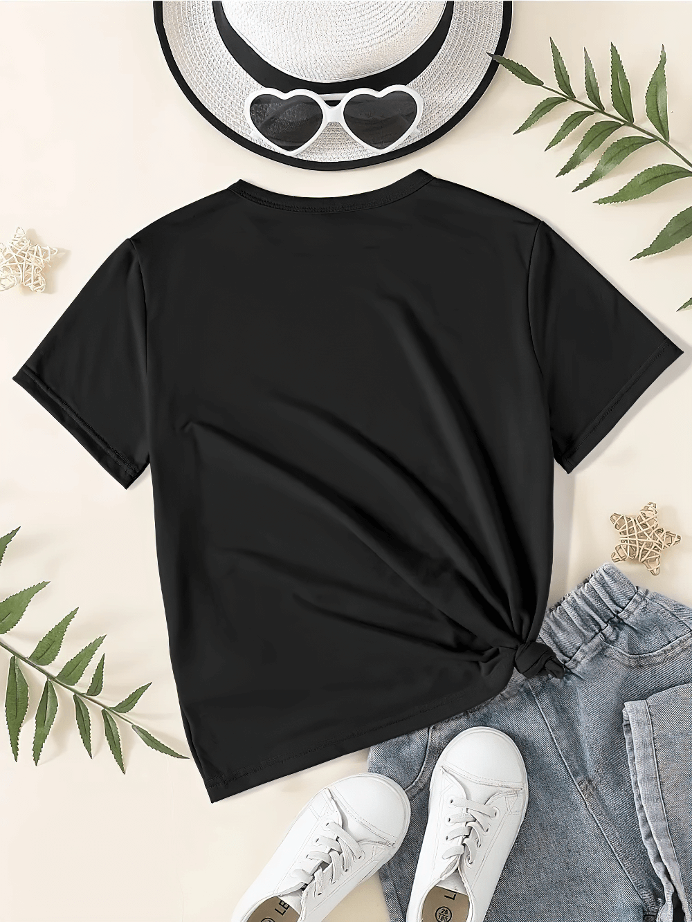 Colorful Heart Drip Graphic T-shirt for Girls - SF3592 displayed with denim shorts and heart-shaped sunglasses