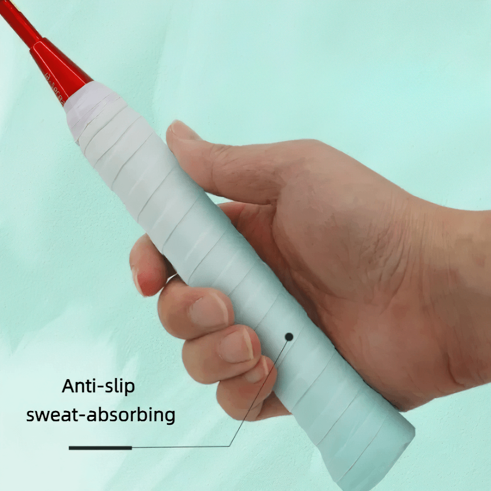 Hand holding a racket with Colorful Racket Grip Wraps for Tennis and Badminton - SF3444, showcasing anti-slip and sweat-absorbing features.