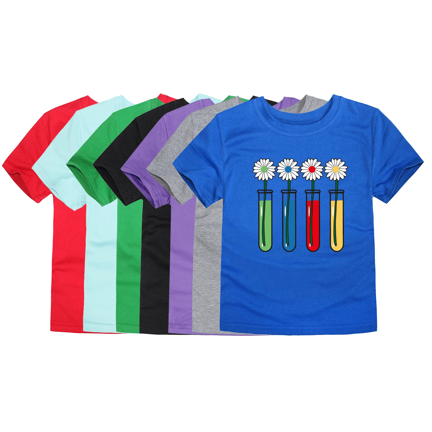 Colorful Science Flower Print Kids T-shirt - SF3746 in various colors featuring test tubes and flowers, perfect for young science enthusiasts.