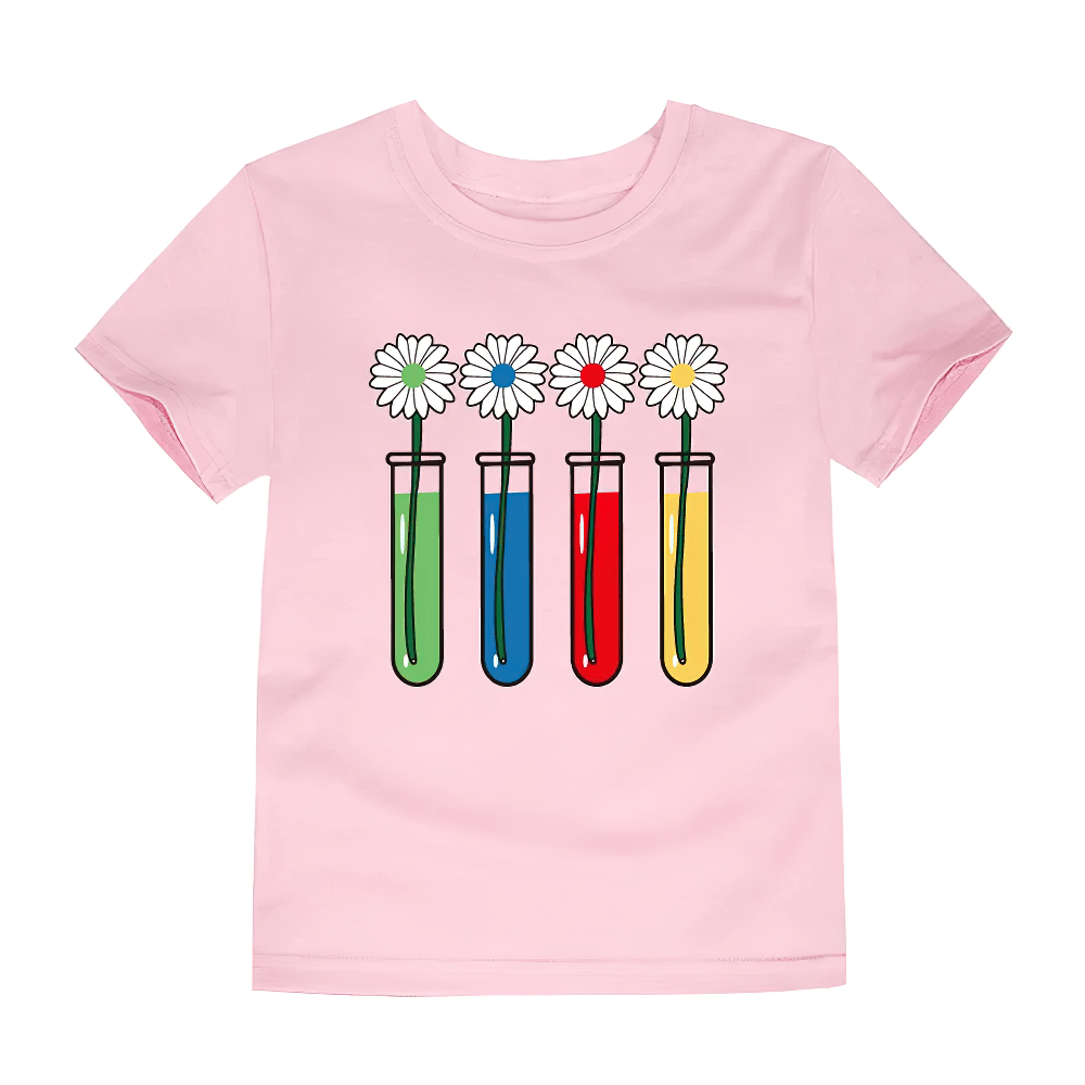 Colorful Science Flower Print Kids T-shirt - SF3746 with test tube flower design on pink fabric.