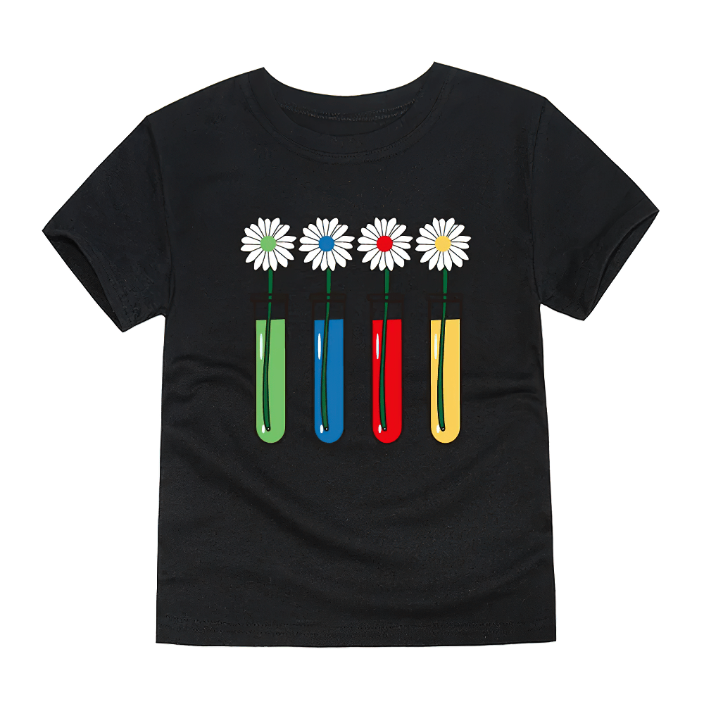 Colorful Science Flower Print Kids T-shirt - SF3746 with test tubes and flowers in vibrant colors