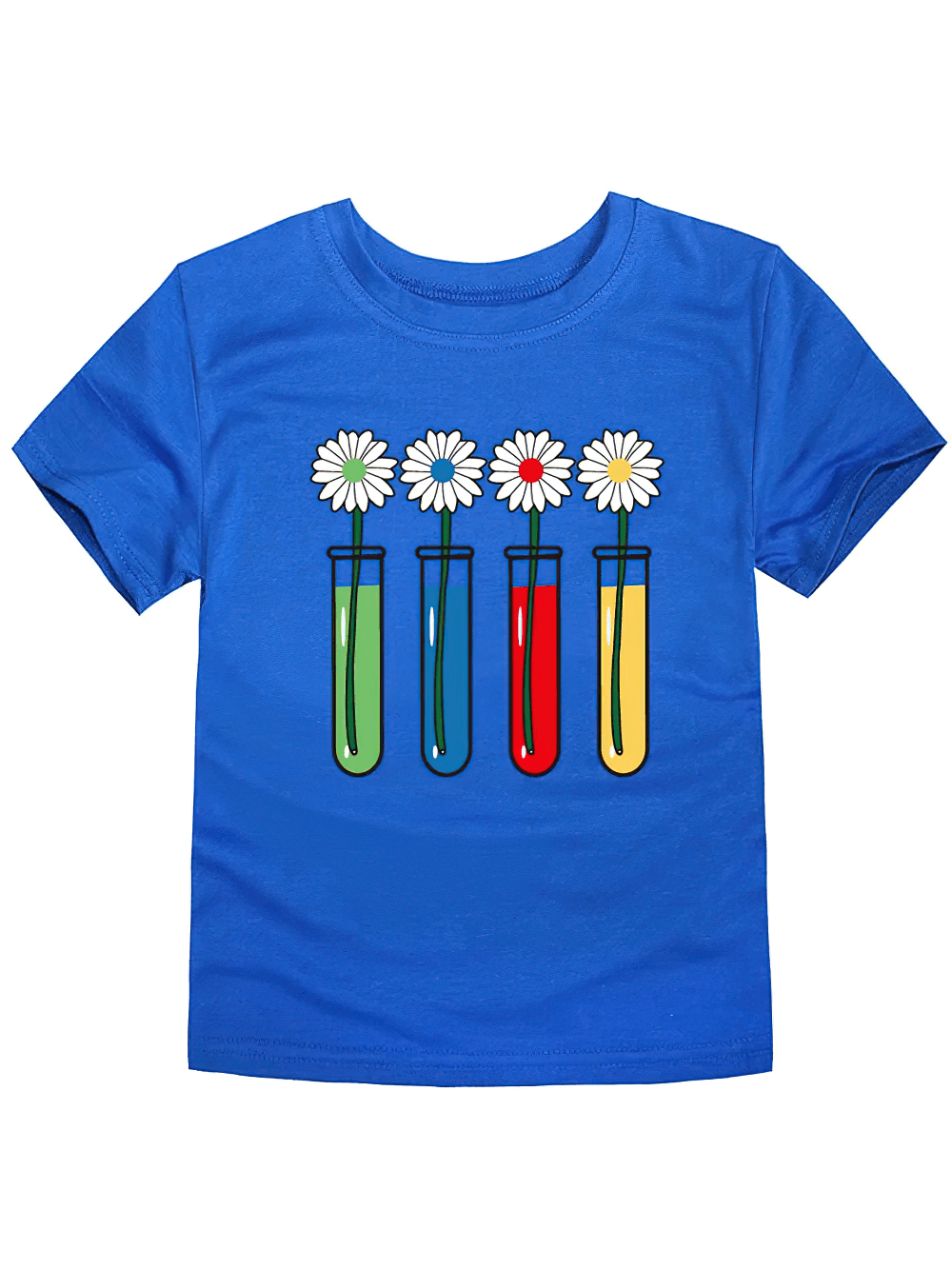 Colorful Science Flower Print Kids T-shirt - SF3746 with test tubes and daisies on blue fabric; vibrant and fun design