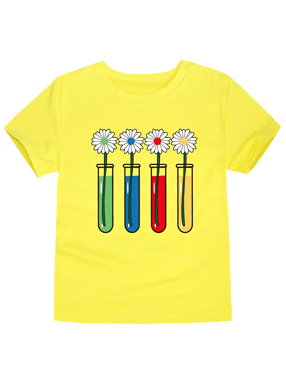 Colorful Science Flower Print Kids T-shirt - SF3746 featuring test tubes with flowers on yellow