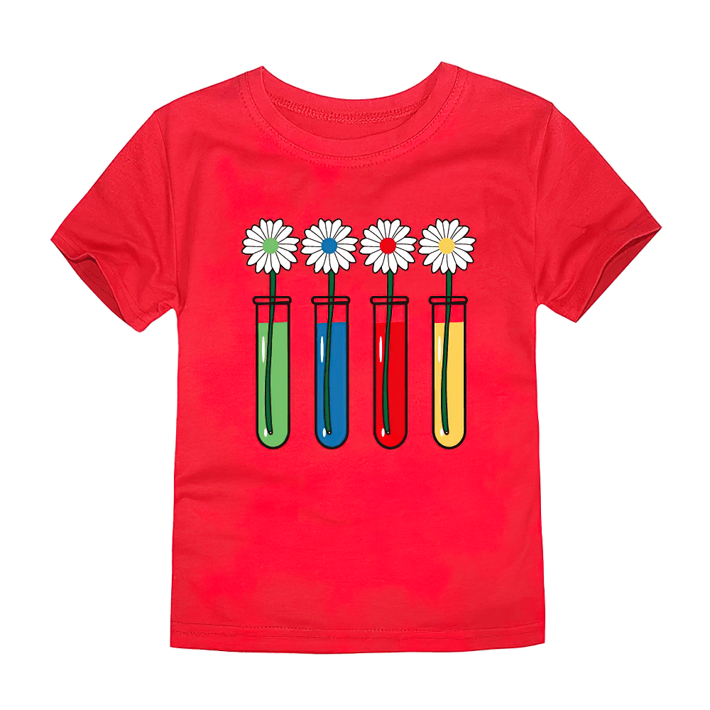 Colorful Science Flower Print Kids T-shirt - SF3746 with vibrant test tubes and flowers design, perfect for young science enthusiasts.