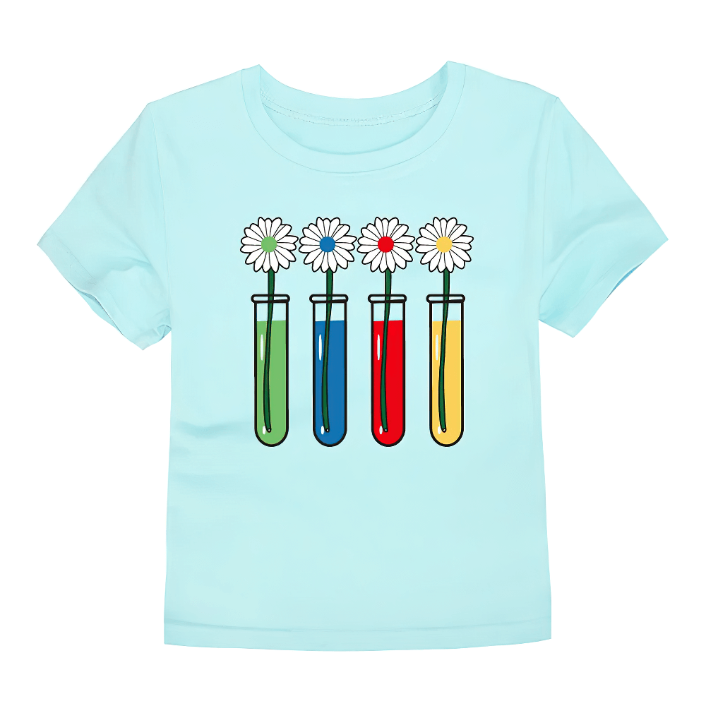 Colorful Science Flower Print Kids T-shirt - SF3746 with test tubes and flowers design on light blue fabric