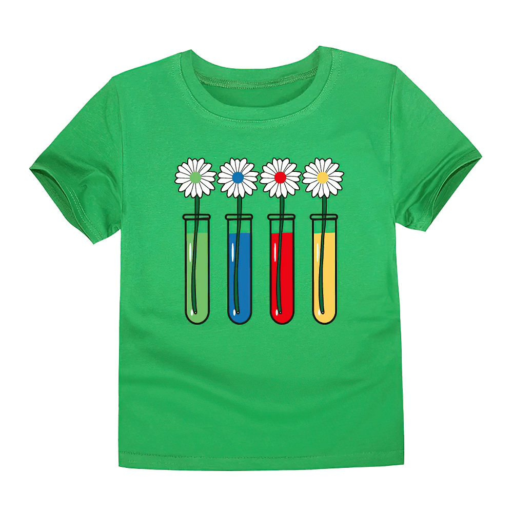 Colorful Science Flower Print Kids T-shirt - SF3746 with test tubes and flowers on green background.