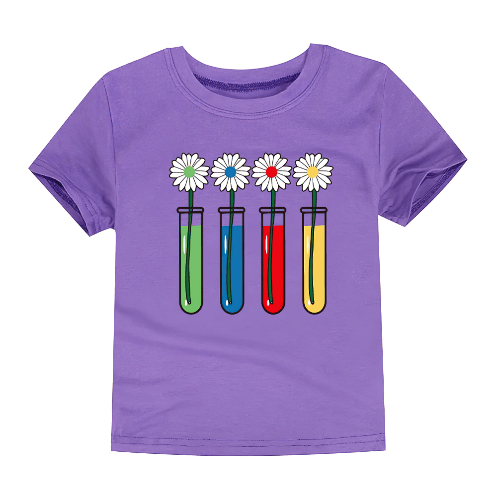 Colorful Science Flower Print Kids T-shirt - SF3746 with test tubes and flowers on purple fabric