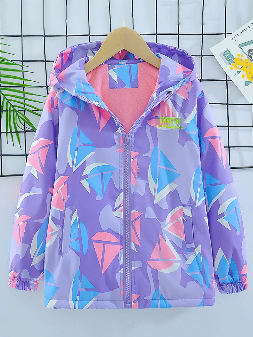 Colorful Windbreaker Jacket with Fleece Lining - SF3579, vibrant kids' jacket with geometric design, pink blue purple hues, zip closure.