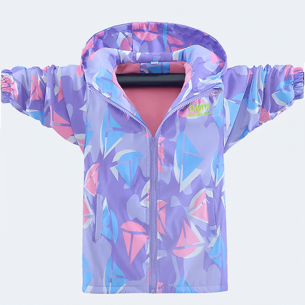 Colorful Windbreaker Jacket with Fleece Lining - SF3579 for kids in vibrant geometric design, offers warmth and windproof protection.
