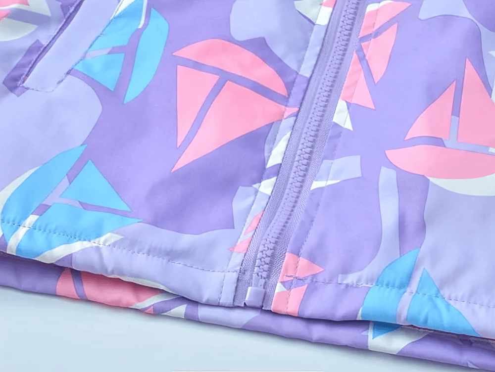 Colorful Windbreaker Jacket with Fleece Lining - SF3579 in pink, blue, and purple geometric design close-up.
