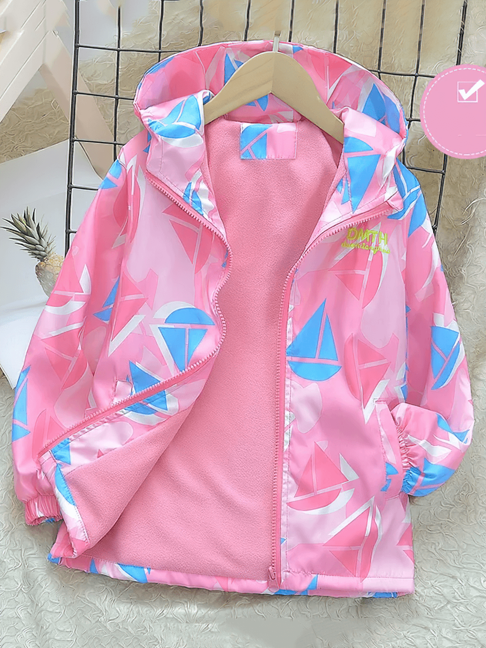 Colorful Windbreaker Jacket with Fleece Lining - SF3579 for kids featuring pink, blue geometric design and cozy fleece interior.