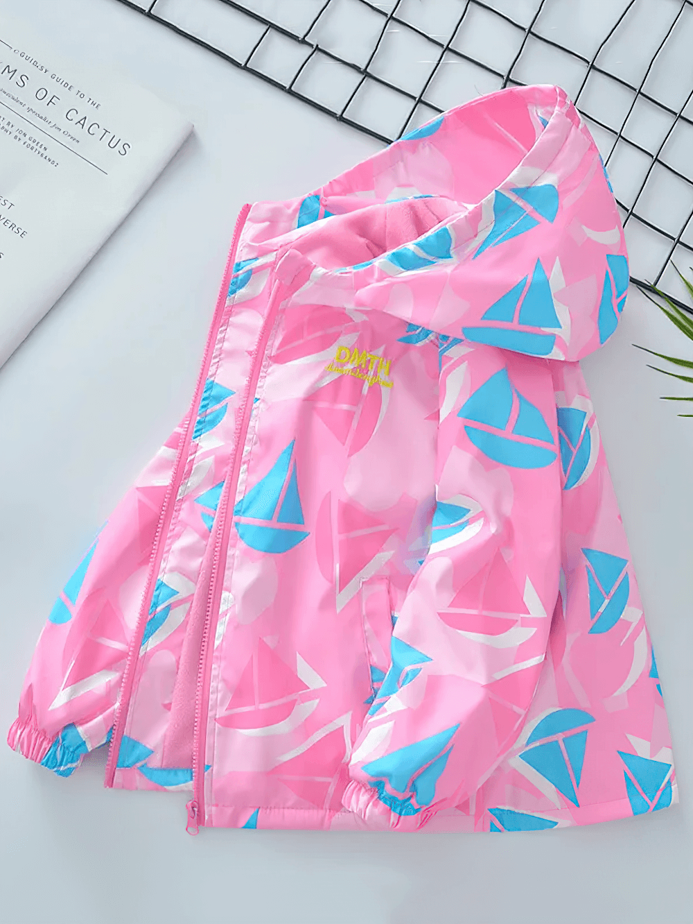 Colorful Windbreaker Jacket with Fleece Lining - SF3579 featuring pink, blue, and purple geometric design for kids' outdoor activities.