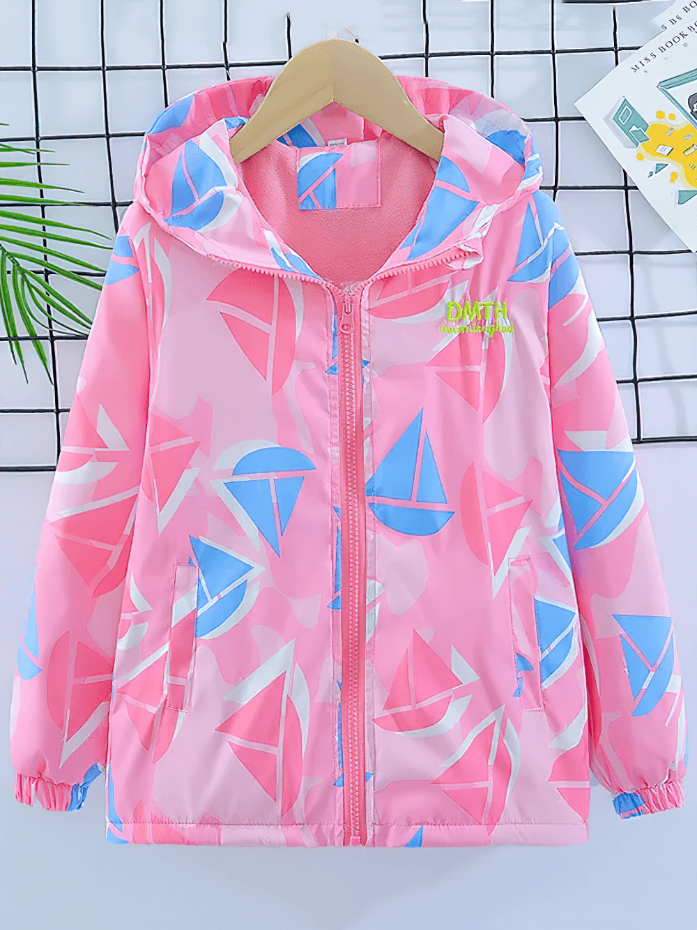 Bright and playful colorful windbreaker jacket with fleece lining - SF3579 featuring pink, blue, purple geometric design for kids.