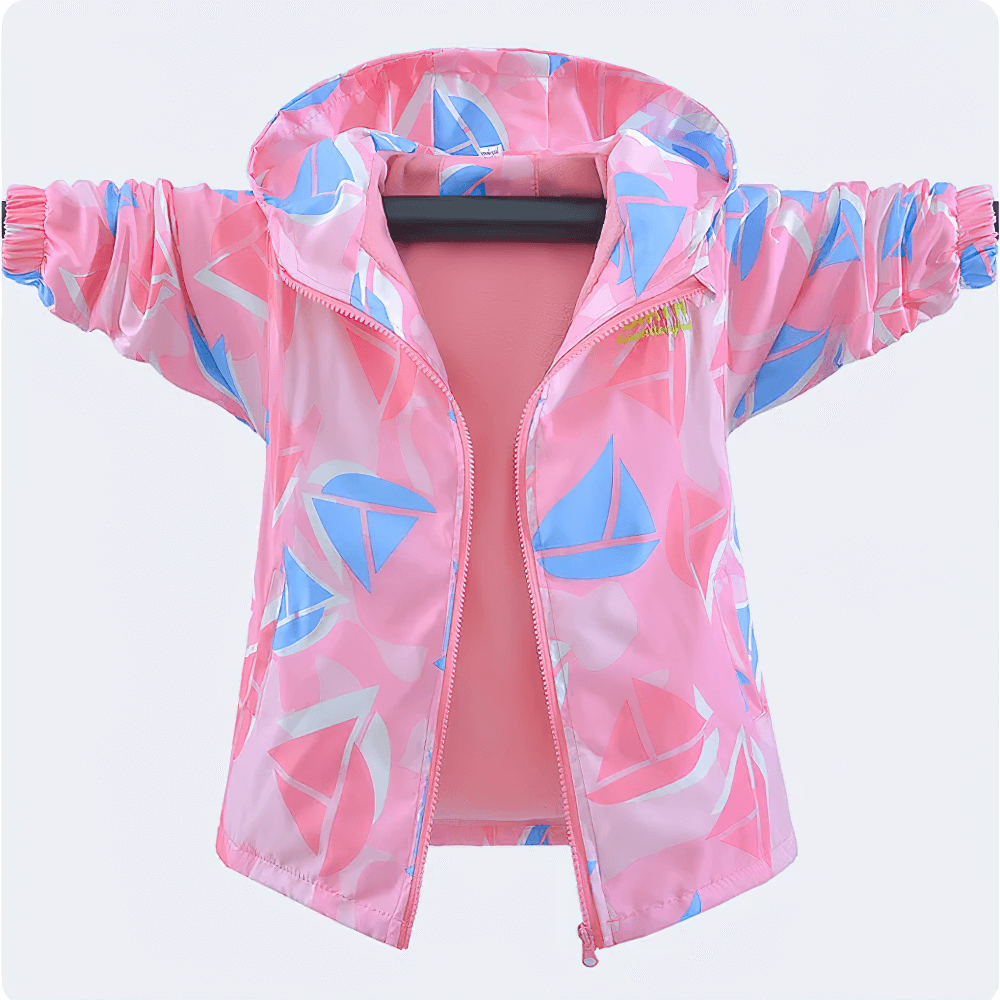 Colorful Windbreaker Jacket with Fleece Lining - SF3579 for kids with geometric design in pink, blue, purple on display.