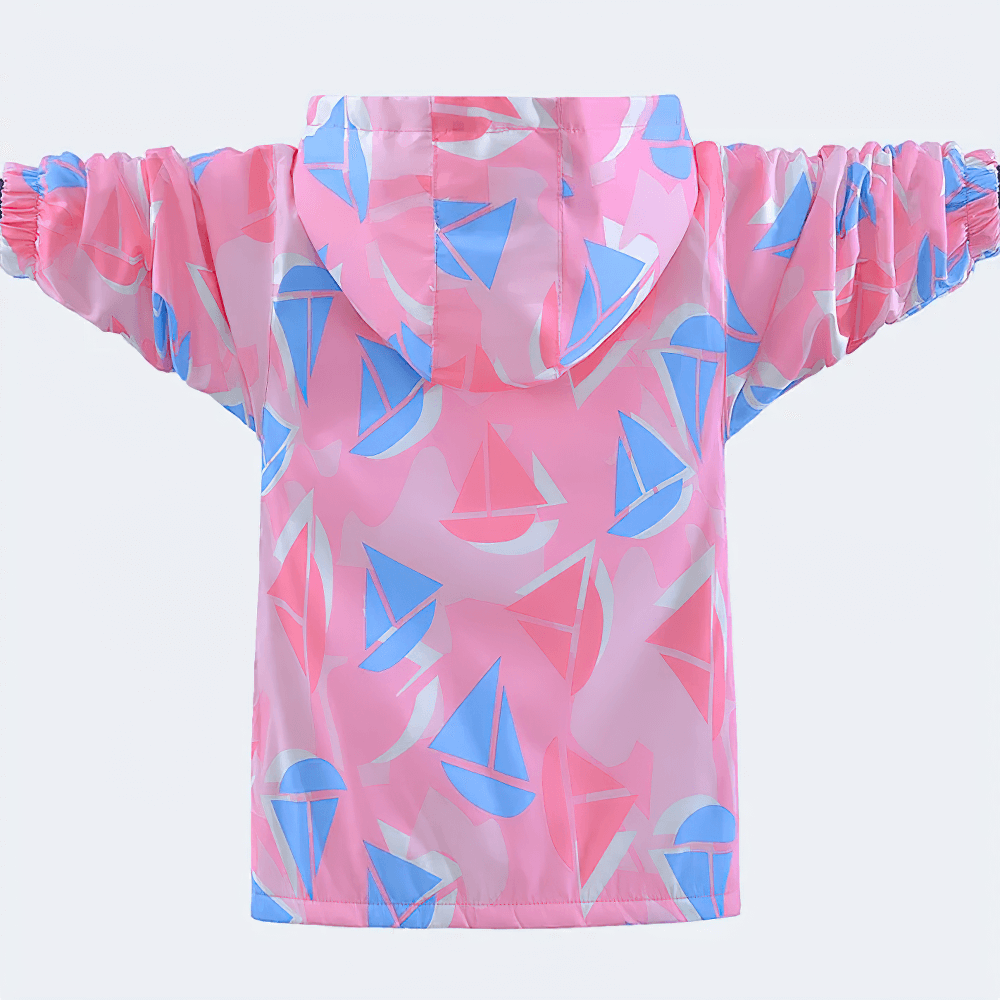 Colorful Windbreaker Jacket with Fleece Lining - SF3579 in pink, blue geometric design, kids windproof outerwear, back view