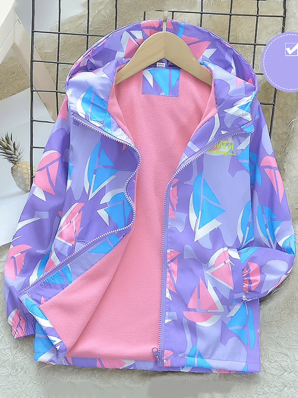 Colorful Windbreaker Jacket with Fleece Lining - SF3579 featuring vibrant pink, blue, and purple hues with geometric design.